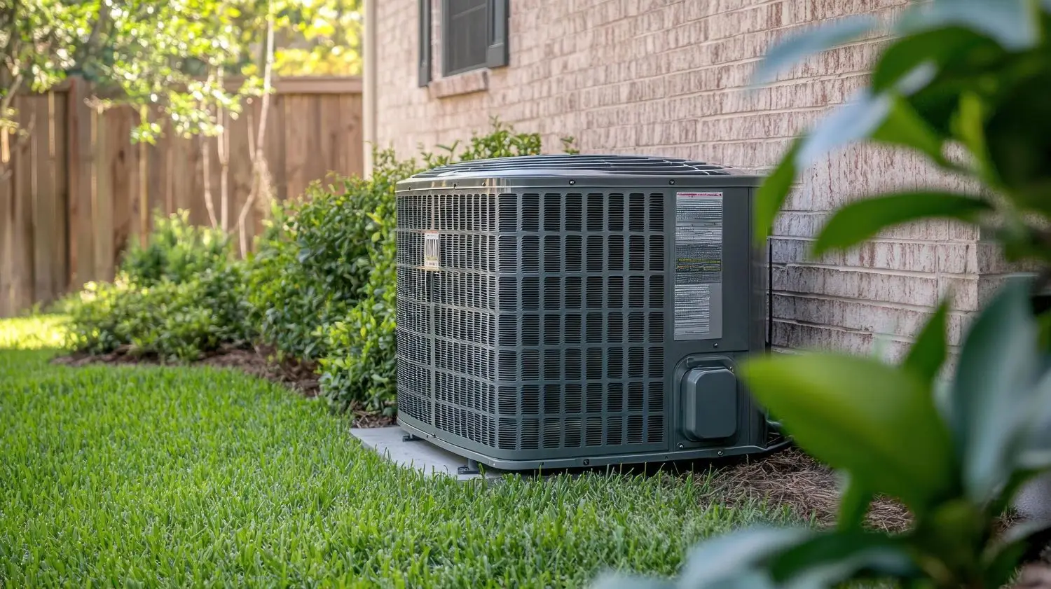 Outdoor air conditioning condenser unit running beside a brick home with a landscaped lawn