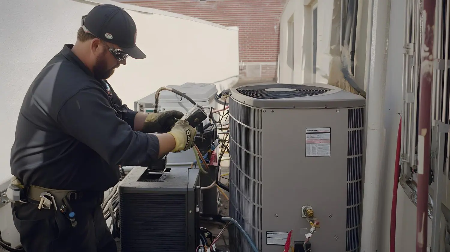 HVAC technician connecting refrigerant lines during a new air conditioning system installation