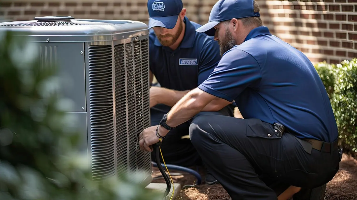 Two HVAC technicians servicing an outdoor air conditioning condenser with gauges during a maintenance visit